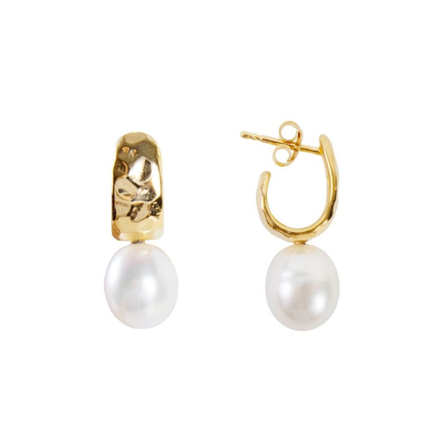 Jewelry FAIRLEY Pearl | Pearl Beaten Dolce Hoops-Gold